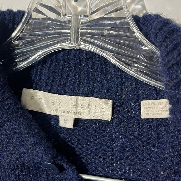 Vintage 80s Perry Ellis Hand Knit 100% Wool Navy Blue Collared Sweater‎ Womans M - Picture 3 of 8
